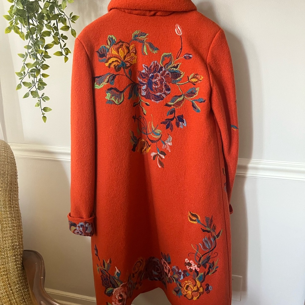 IVKO Wool Orange Coat with Floral Embroidery